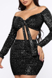 Black Sexy Solid Bandage Sequins Patchwork Off the Shoulder Long Sleeve Two Pieces