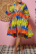 Blue Yellow Fashion Casual Print Patchwork Turndown Collar Shirt Dress