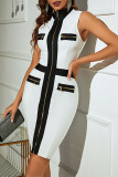 Black White Sexy Formal Solid Patchwork Zipper Collar Sleeveless Dress