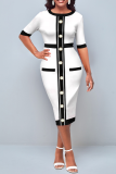 White Casual Solid Buckle O Neck Pencil Skirt Dresses