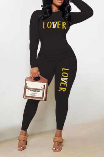 Black Casual Print Patchwork O Neck Long Sleeve Two Pieces
