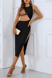 Black Sexy Formal Patchwork Hollowed Out Slit O Neck Evening Dress