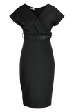 Black Casual Solid Patchwork Fold V Neck One Step Skirt Dresses