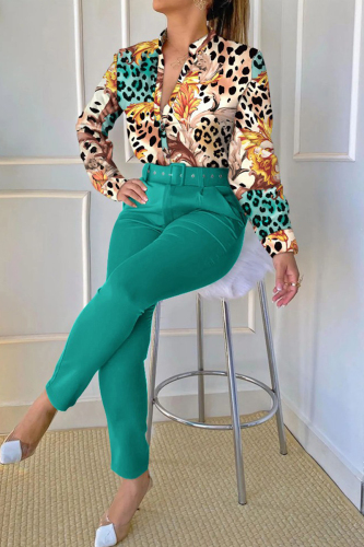 Green Casual Print Patchwork V Neck Long Sleeve Two Pieces