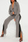 Grey Casual Solid Patchwork Buttons Turn-back Collar Long Sleeve Two Pieces