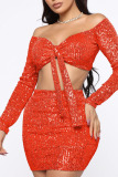 Red Sexy Solid Bandage Sequins Patchwork Off the Shoulder Long Sleeve Two Pieces