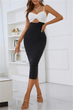 Black White Sexy Formal Solid Hollowed Out Patchwork Backless Spaghetti Strap Evening Dress