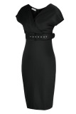 Black Casual Solid Patchwork Fold V Neck One Step Skirt Dresses