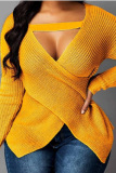 Yellow Stylish Cross V-Neck Bottoming Sweater