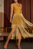 Gold Sexy Patchwork Tassel V Neck Evening Dress