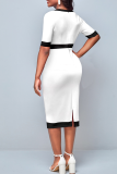 White Casual Solid Buckle O Neck Pencil Skirt Dresses