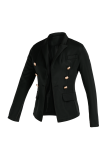 Black Casual Solid Buckle Turndown Collar Outerwear