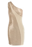 Apricot Sexy Solid Sequins Patchwork Oblique Collar Pencil Skirt Dresses