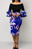 Blue Sexy Print Patchwork Off the Shoulder One Step Skirt Dresses