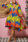 Blue Yellow Fashion Casual Print Patchwork Turndown Collar Shirt Dress