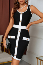 Black White Sexy Formal Solid Patchwork Contrast O Neck Evening Dress