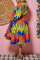 Blue Yellow Fashion Casual Print Patchwork Turndown Collar Shirt Dress