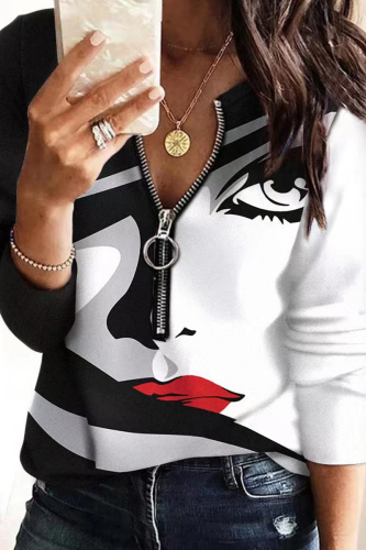 Black White Casual Print Patchwork O Neck Tops