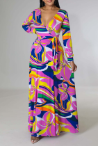 Purple Street Print Patchwork V Neck Waist Skirt Dresses