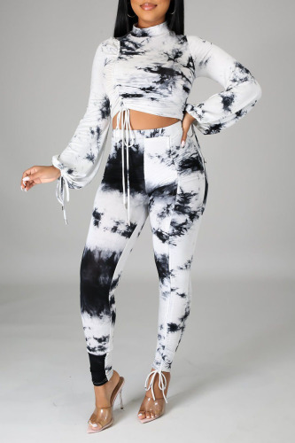 White Sexy Print Patchwork Draw String Half A Turtleneck Long Sleeve Two Pieces