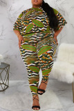 Green Casual Print Patchwork O Neck Plus Size Two Pieces