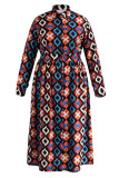 Red Casual Print Patchwork With Belt Turndown Collar Shirt Dress Plus Size Dresses