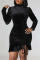 Black Sexy Casual Solid Draw String Frenulum Fold Turtleneck Long Sleeve Dresses
