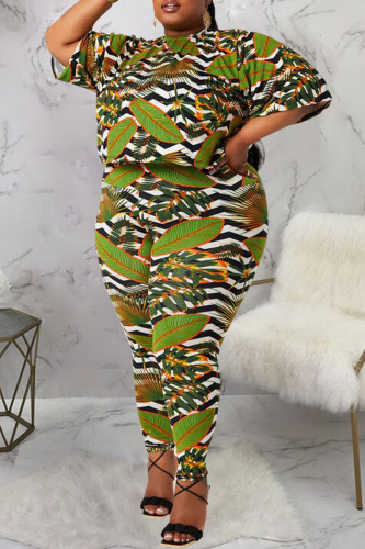 Green Casual Print Patchwork O Neck Plus Size Two Pieces
