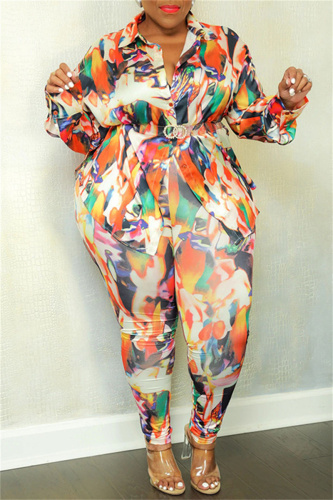 Orange Yellow Casual Print Patchwork Turndown Collar Plus Size Two Pieces