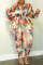 Black Yellow Casual Print Patchwork Turndown Collar Plus Size Two Pieces