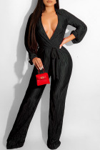 Black Sexy Solid Patchwork Fold V Neck Straight Jumpsuits