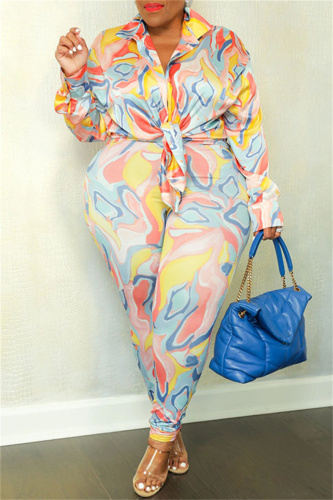 Orange Casual Print Patchwork Turndown Collar Plus Size Two Pieces