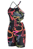 Black Sexy Print Bandage Patchwork Backless Asymmetrical Sleeveless Two Pieces