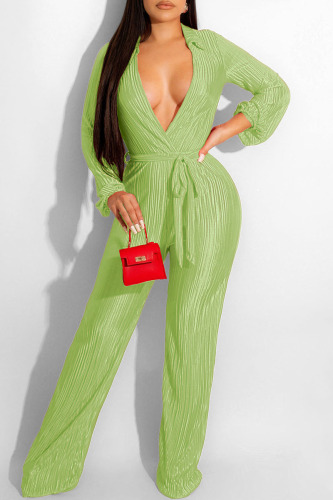 Green Yellow Sexy Solid Patchwork Fold V Neck Straight Jumpsuits