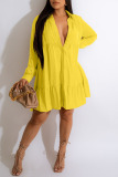 Yellow Casual Solid Patchwork Buckle Fold Turndown Collar Shirt Dress Dresses