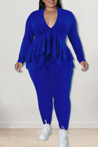 Blue Casual Solid Patchwork Flounce Asymmetrical V Neck Plus Size Two Pieces