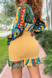 Yellow Sexy Not Positioning Printed Patchwork V Neck Long Sleeve Dresses