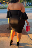 Black Sexy Plus Size Solid Backless Off the Shoulder Short Sleeve Dress