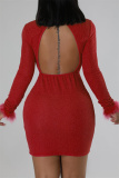 Red Sexy Solid Patchwork Feathers Backless Turtleneck Long Sleeve Dresses