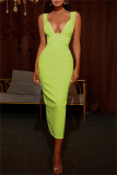 Fluorescent Green Sexy Formal Solid Patchwork V Neck Sleeveless Dress
