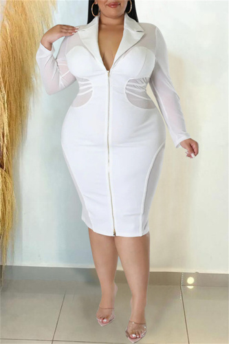 White Formal Office Lady Evening Party Prom Zipper V Neck Long Sleeve Plus Size Bodycon Midi Dresses