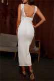 White Sexy Formal Solid Patchwork V Neck Sleeveless Dress