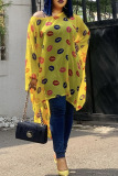 Yellow Casual Print Patchwork Asymmetrical O Neck T-Shirts
