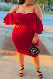 Red Sexy Plus Size Solid Backless Off the Shoulder Short Sleeve Dress