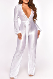 White Sexy Solid Patchwork V Neck Boot Cut Jumpsuits