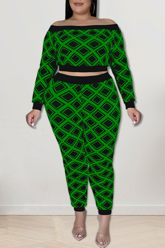 Green Sexy Print Patchwork Off the Shoulder Plus Size Two Pieces