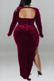 Red Sexy Solid Patchwork Metal Accessories Decoration Slit O Neck Long Sleeve Plus Size Dresses