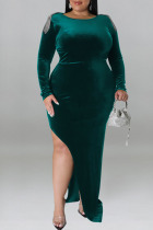 Green Sexy Solid Patchwork Metal Accessories Decoration Slit O Neck Long Sleeve Plus Size Dresses