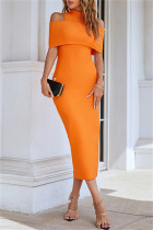 Orange Sexy Casual Solid Hollowed Out Patchwork Half A Turtleneck Pencil Skirt Dresses