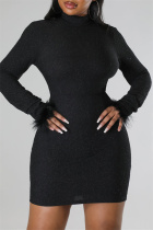 Black Sexy Solid Patchwork Feathers Backless Turtleneck Long Sleeve Dresses